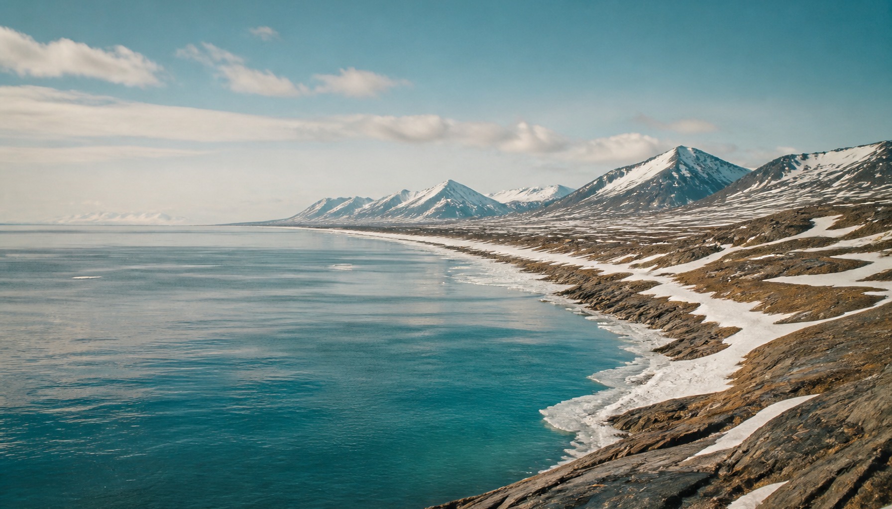 A long high-latitude coastline meeting a pale sea